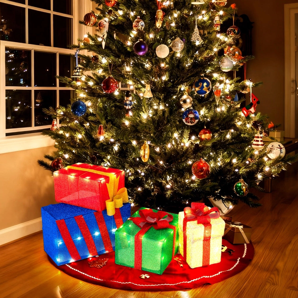 Pacchi regalo decorativi con 51 luci LED caldi fiocchi e combinazione flessibile, Set di 4 scatole regalo a LED di natale