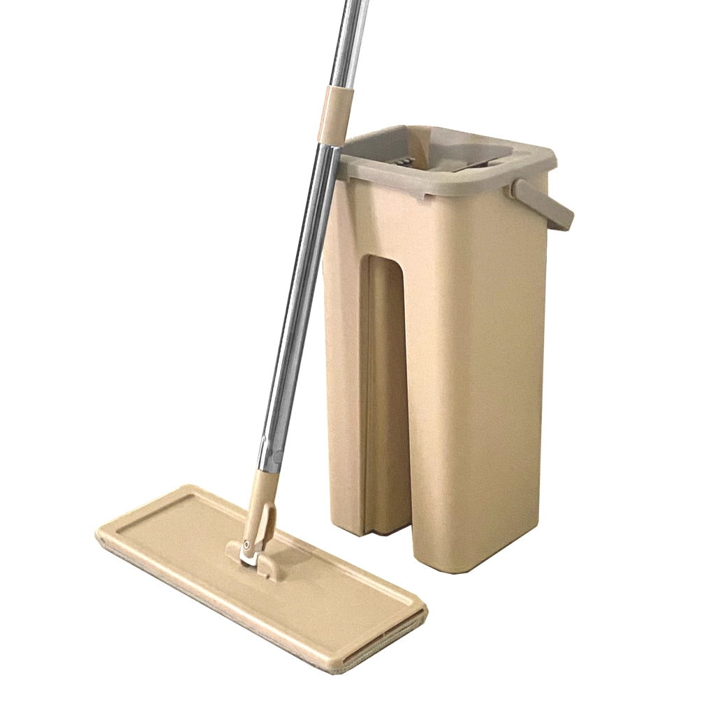 Mocio extra piatto con secchio strizzatore 4 Mop riutilizzabili in microfibra beige
