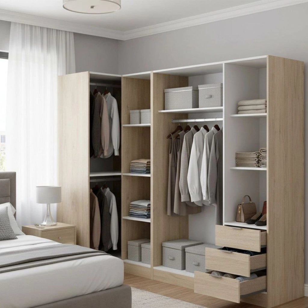 Guardaroba Atena, Mobile angolare per camera da letto, Armadio appendiabiti ad angolo a 5 ante battenti, 214x91h184 cm, Rovere