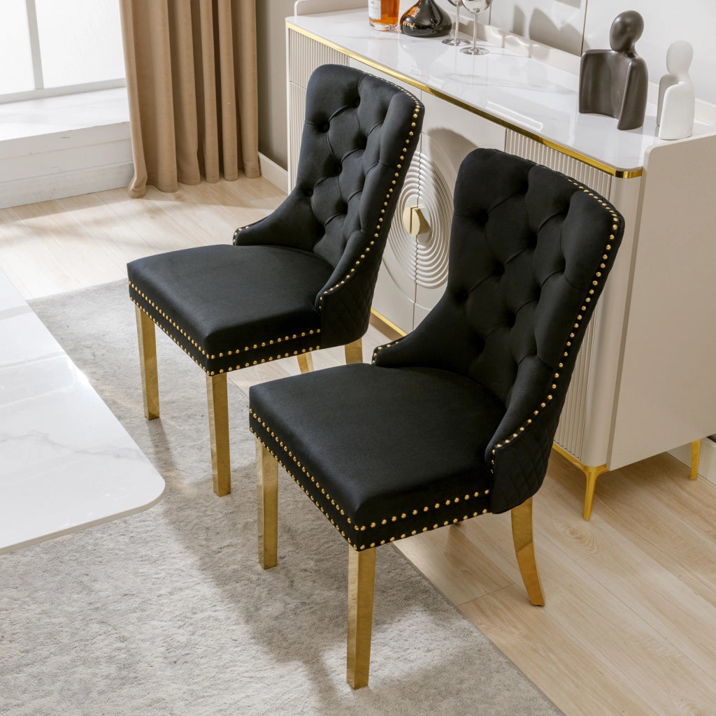 OKWISH Set di 2 Sedie da Pranzo con Anello sullo Schienale e Borchie Decorative, Gambe in Metallo Dorato, Velluto Nero