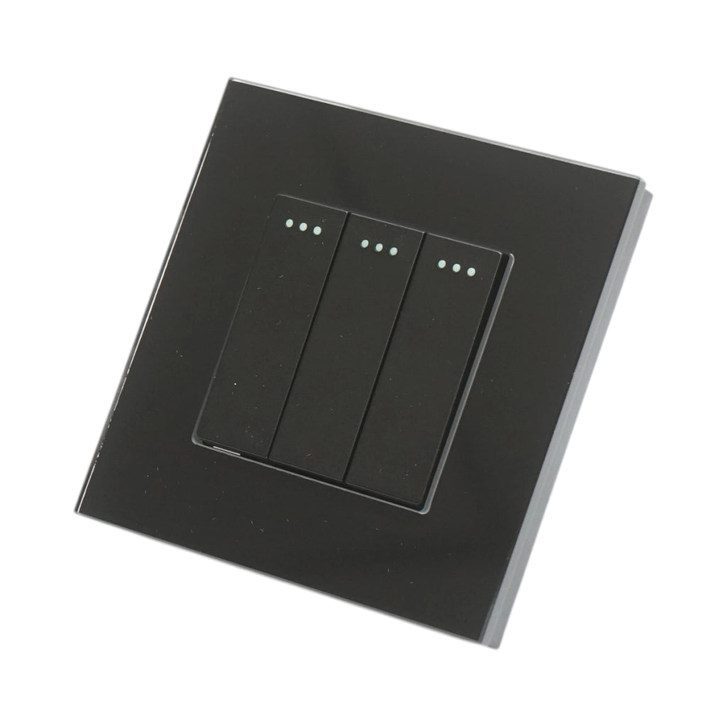 Interruttore triplo, nero, da incasso, 220V, 16AX, spia luminosa, cornice in vetro 86x86x34mm