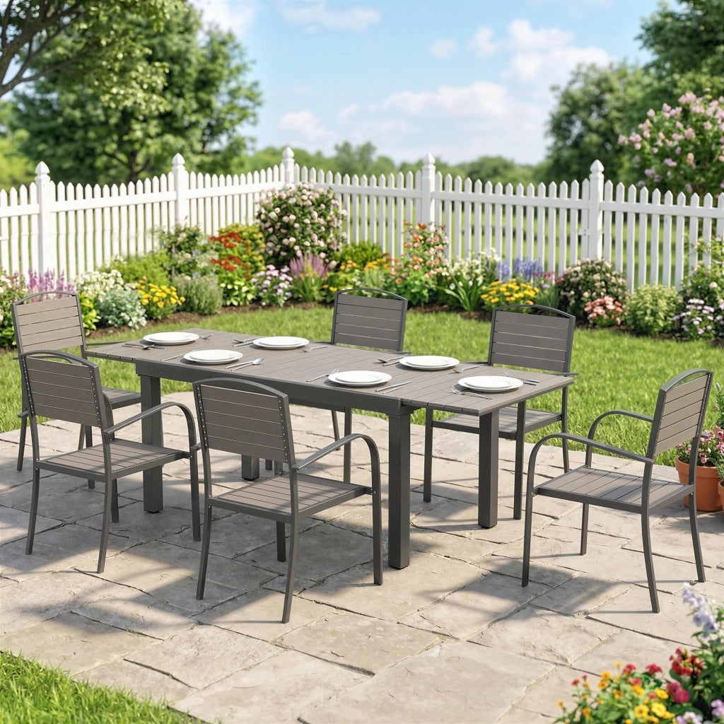 Set Giardino 7 Pezzi con Tavolo Estensibile e 6 Sedie Pieghevoli ¨C Zephmum ¨C Legno Effetto Aluminium