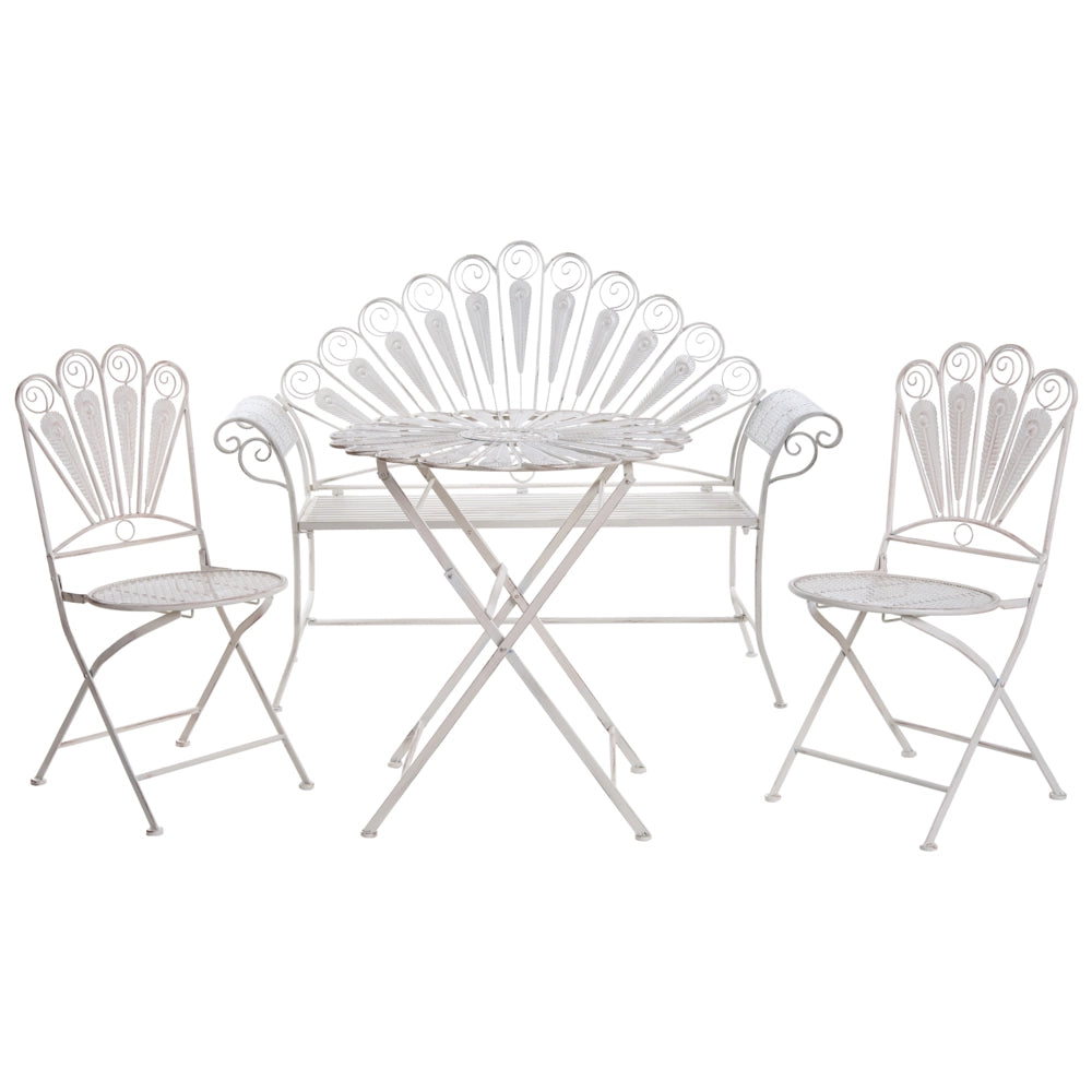Set da giardino per bistrot Tavolo, panca e sedie in metallo verniciato a polvere bianco sporco Motivo pavone Effetto invecchiato