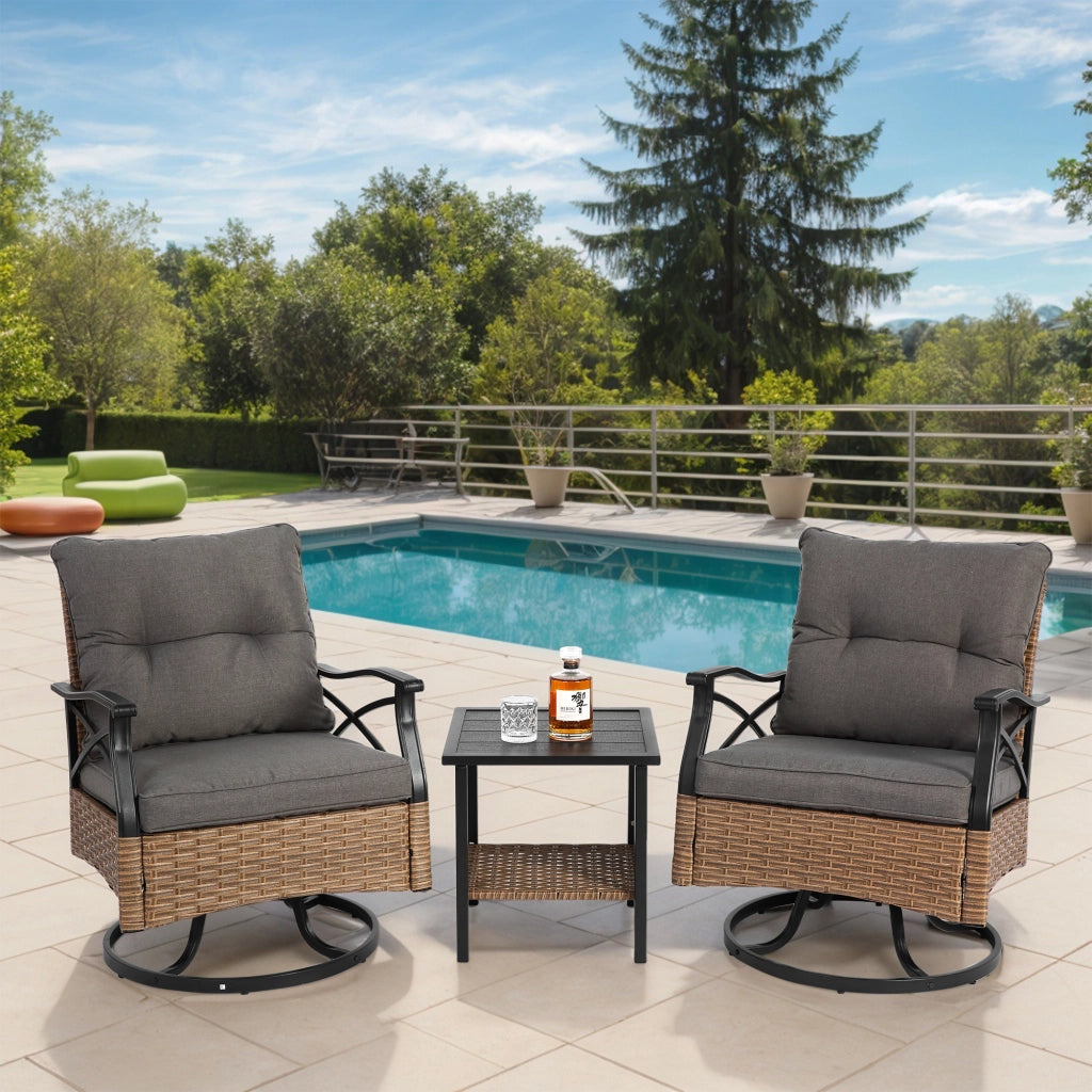 OKWISHPoltrone da giardino con tavolo set da 3 girevoli e basculanti 360° con cuscini in acciaio e rattan sintetico grigio