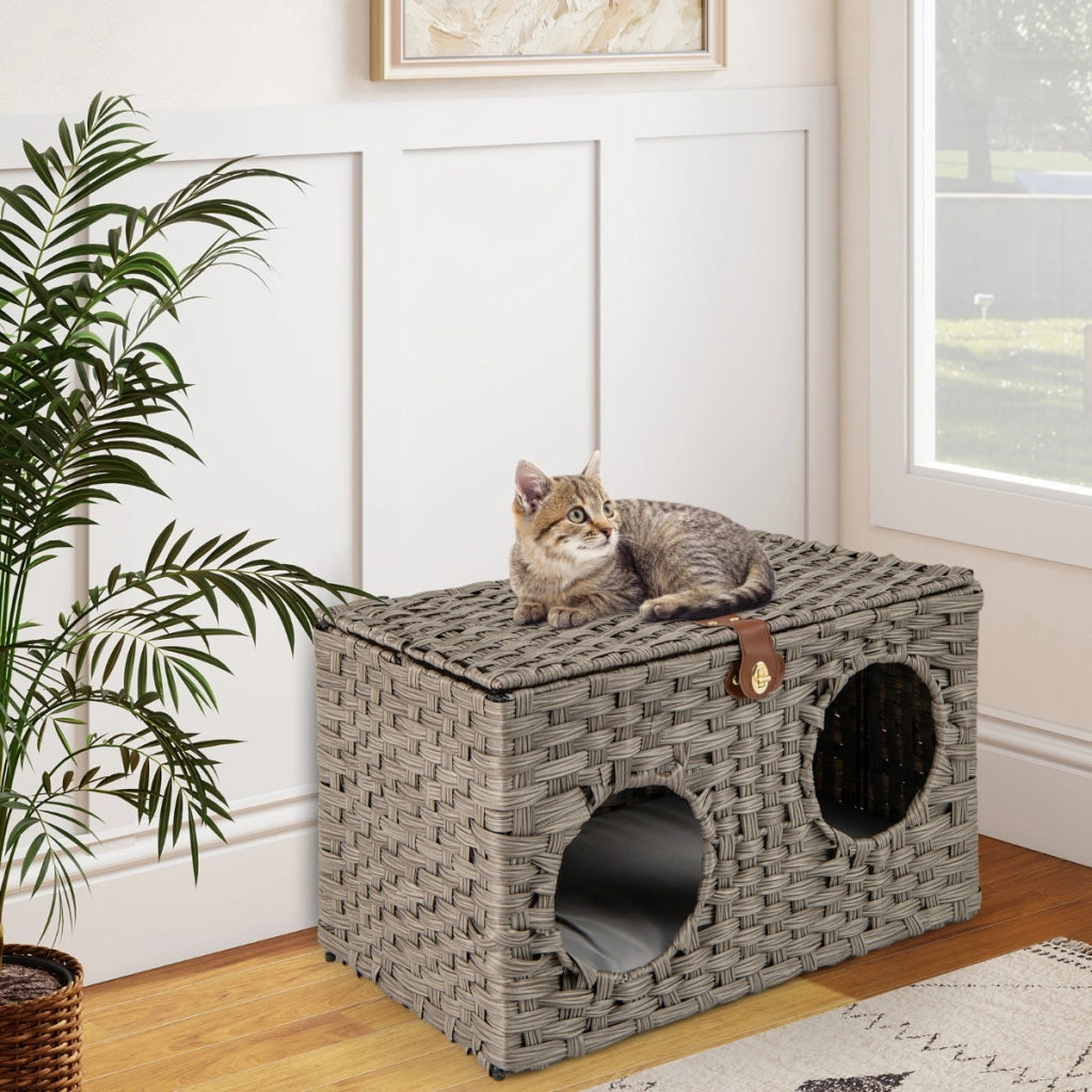 Condominio per gattini in rattan con cuscino morbido rimovibile, Letto pieghevole per gatti da interno Grigio-Lettini e divanetti