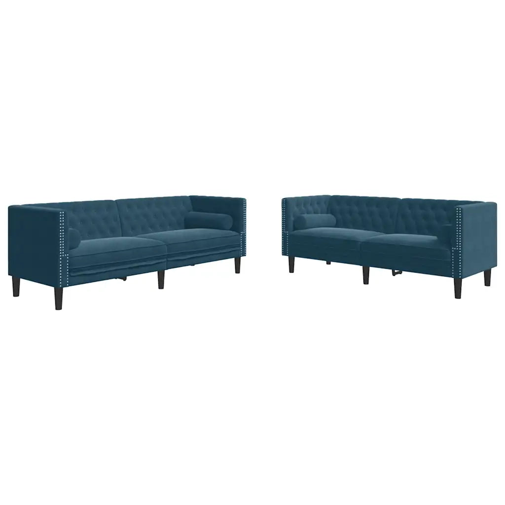 Set Divani Chesterfield 2pz con Cuscini Blu Velluto