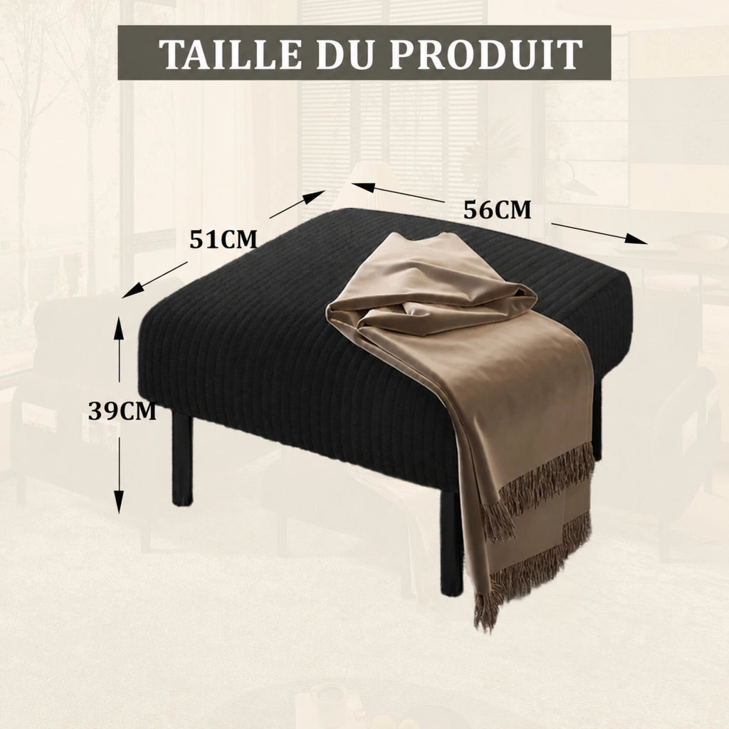 Pouf in corduroy con struttura in metallo, nero, compatto e versatile