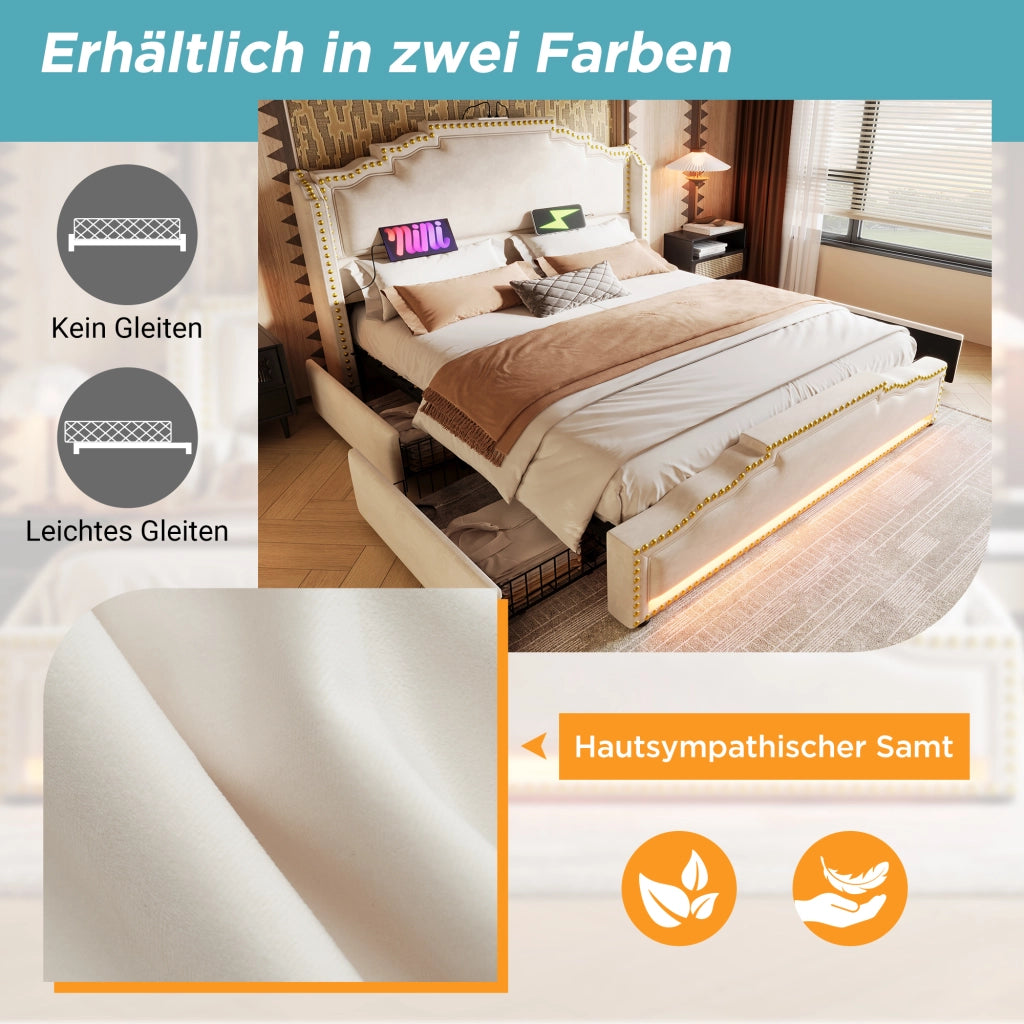 Letto matrimoniale – 140x200 cm – 4 cassetti LED USBC – velluto beige