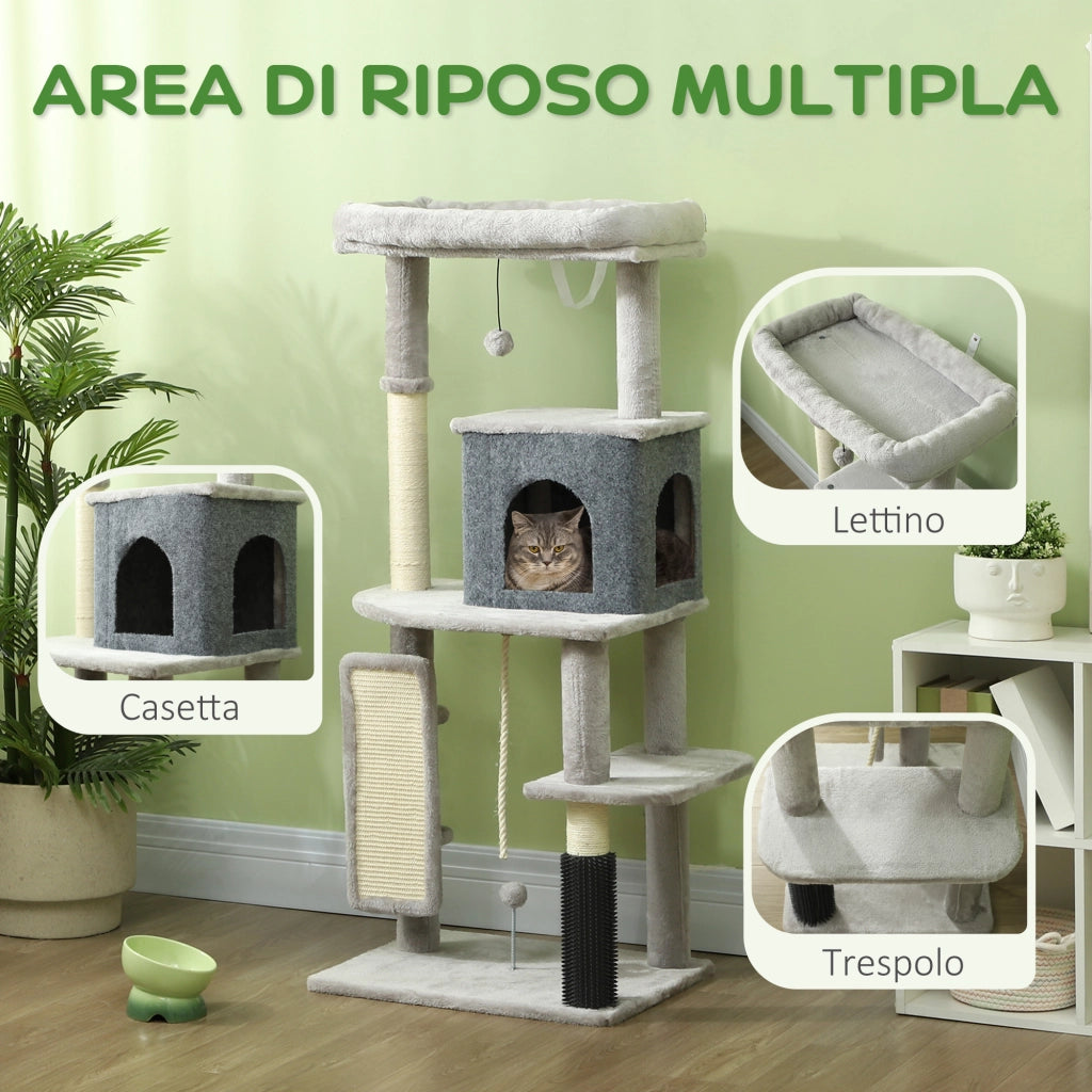 Albero per Gatti Multilivello con Casetta, Lettino e Tiragraffi ¨C Minimal ¨C Grigio 132 cm