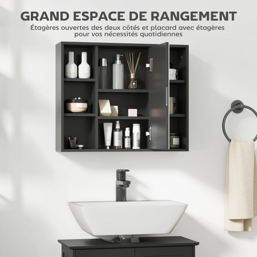 Mobiletto da bagno con specchio, ante e 6 scomparti aperti ¨C Minimal ¨C Nero 60x14.5x49.4 cm