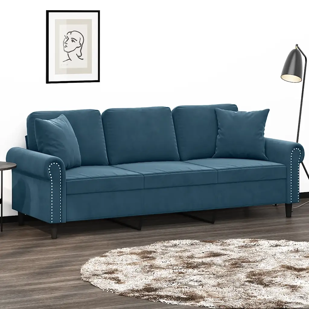Divano a 3 Posti con Cuscini Blu 180 cm in Velluto 3200964