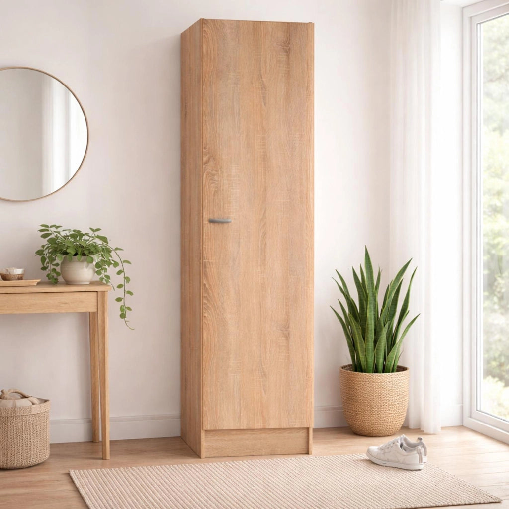 Colonna Armadio Bagno Con 1 Anta E 4 Ripiani Regolabili Mobile Salvaspazio Alto Design Moderno Semplice Per Ingresso Corridoio Ripostiglio Con Maniglia In Metallo Argentata 200 X 47.1 X 49.2 Cm Rovere