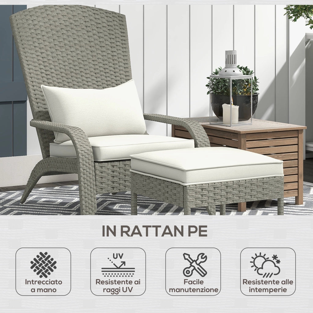 Sedia da Giardino con Poggiapiedi e Cuscini ¨C Minimal ¨C Rattan e Acciaio, Grigio e Crema, 64x82x89 cm