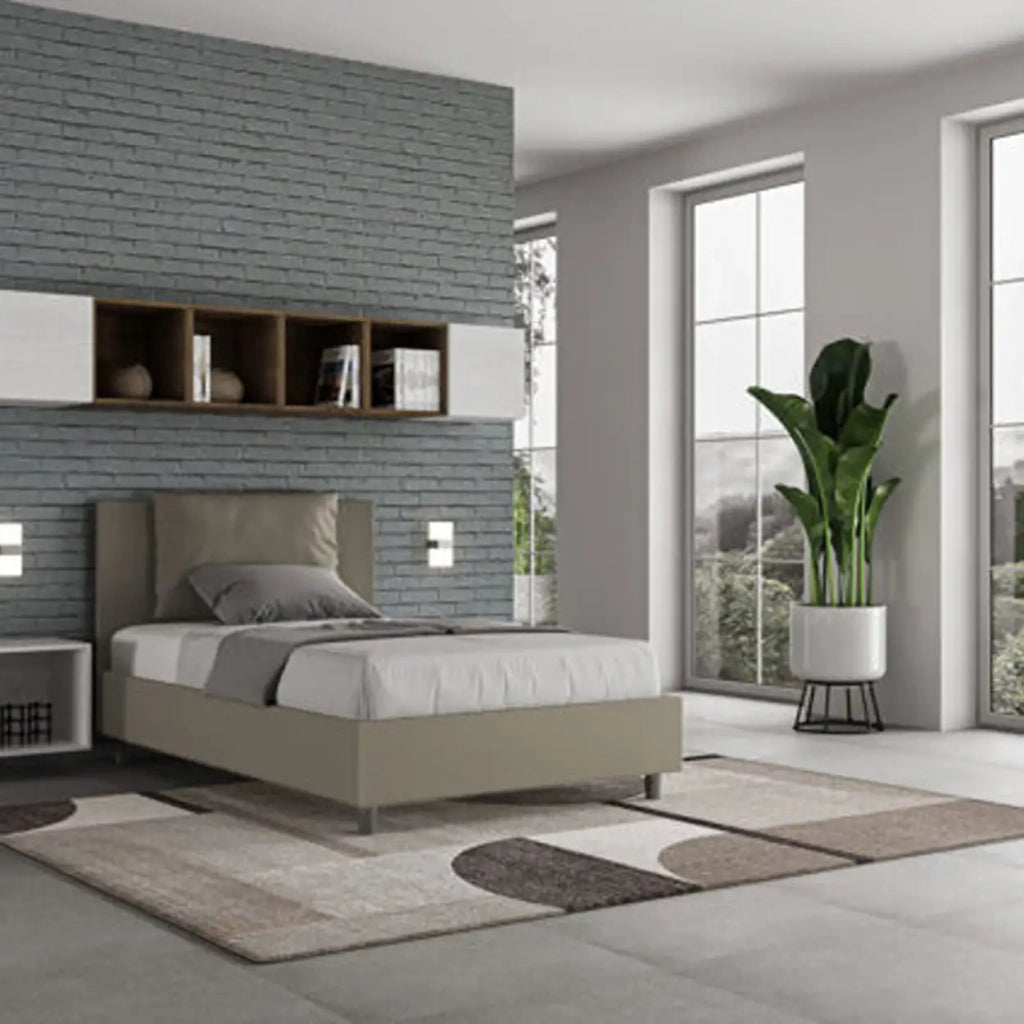 Letto una piazza e mezza contenitore imbottito 120x200 similpelle cappuccino Antea