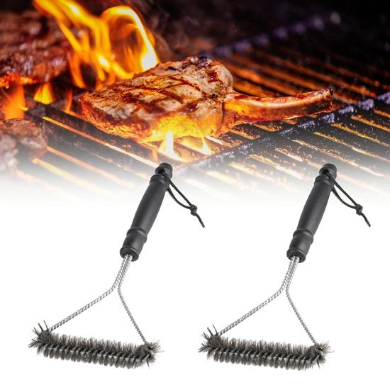 Set di spazzole per griglia a 2 pezzi - 30 cm - setole in ottone - acciaio inossidabile - protezione antibranding - manico comodo - pulitore per griglia