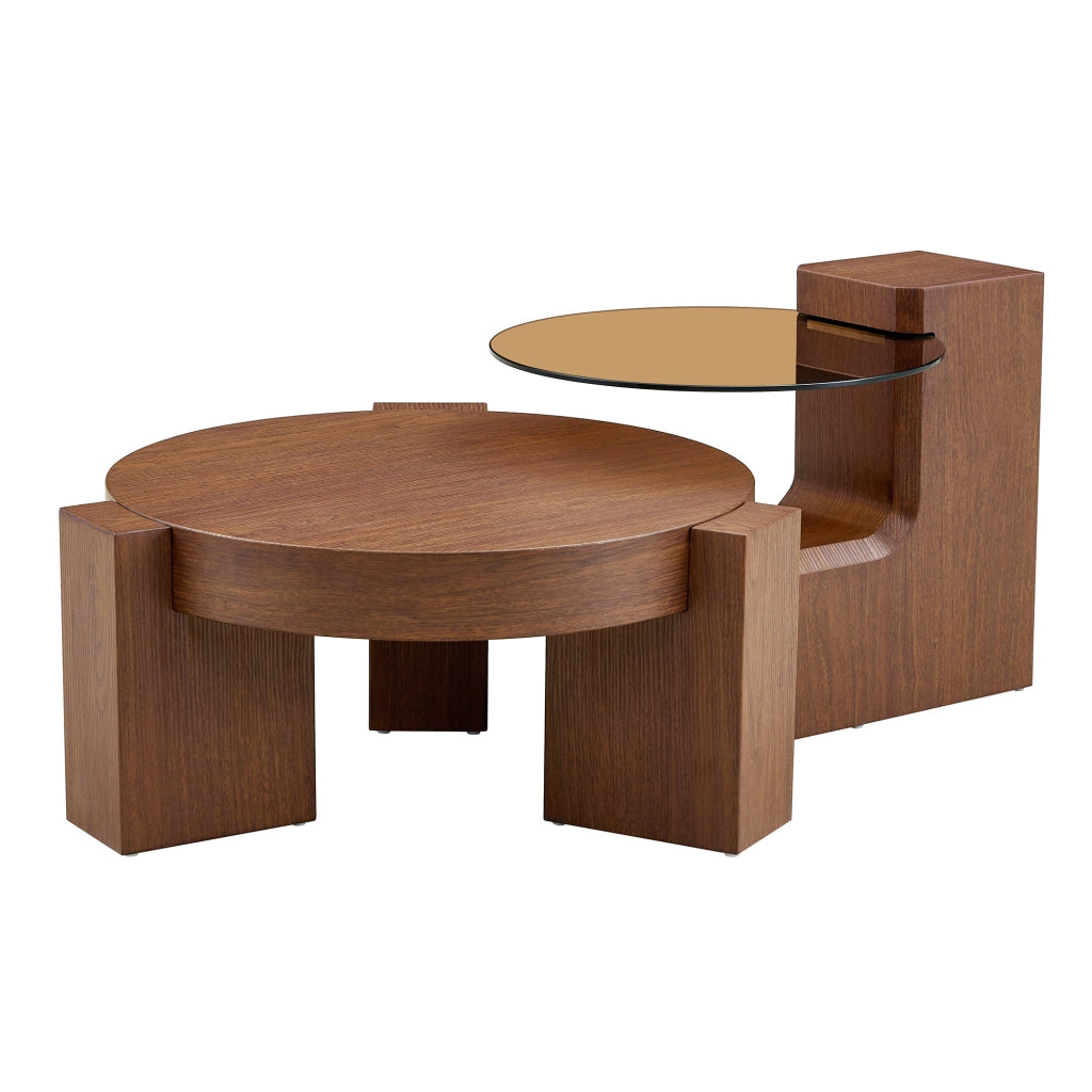 Set di tavolini da caffè separabili con vetro marrone e MDF effetto noce