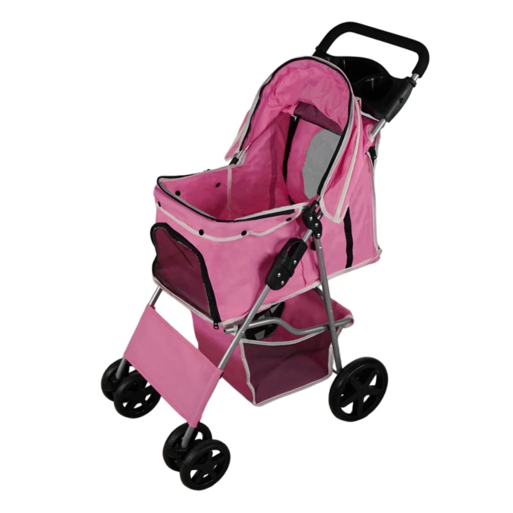 Passeggino per animali domestici Trasportino pieghevole Trolley da viaggio per gatti e cani Copertura anti-pioggia - Rosa