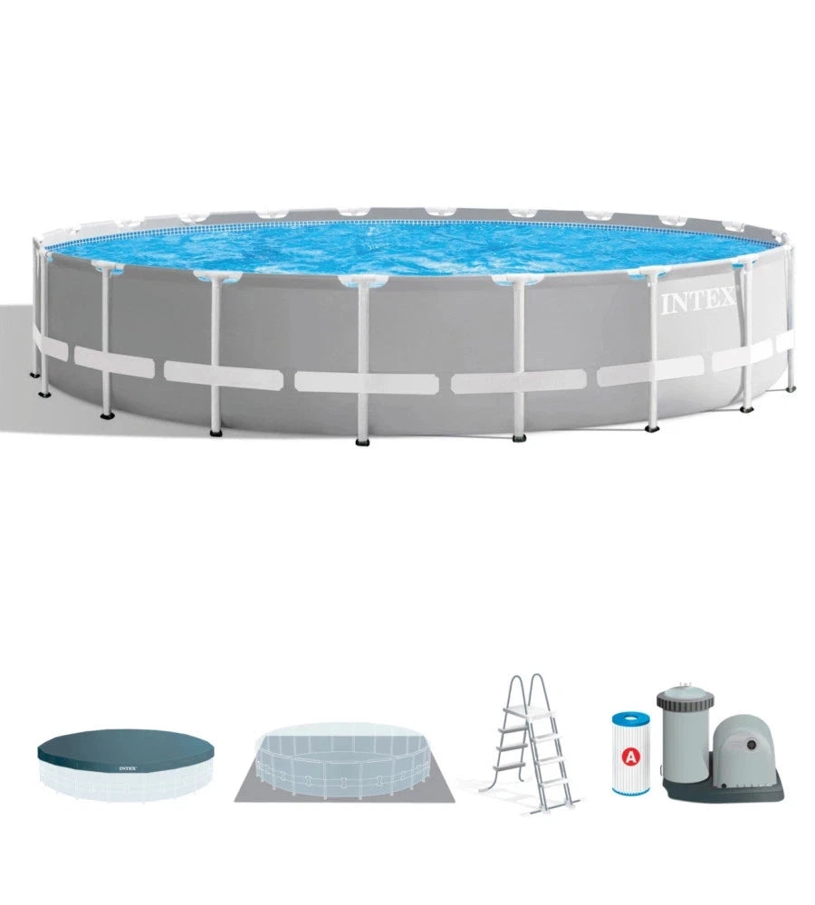 Piscina Fuori Terra Prisma Frame Rotonda, Pompa Filtro 5678 L/H, Scaletta, Telo Base E Copertura, 32695 L, Acciaio E Pvc, Grigio, 610X132 Cm