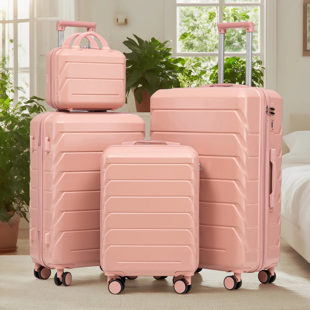 Set di valigie rigide 4 pezzi in ABS rosa con beauty case da 14 pollici e ruote doppie girevoli a 360°