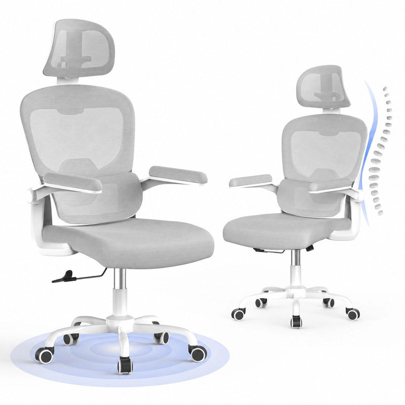 Sedia da ufficio ergonomica - Poltrona HAMLODY - con braccioli pieghevoli a 90° - Supporto lombare - Regolabile in altezza Grigio