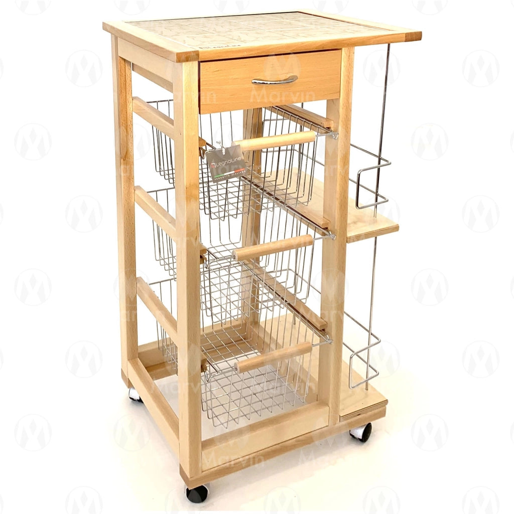 Carrello Cucina Salvaspazio in Legno di Faggio con Cassetto E Cesti Contenitori Portabottiglie Vino 4 Ruote Gir Naturale