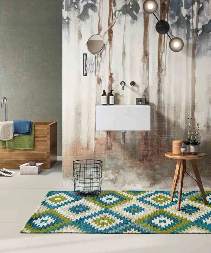 Tappeto moderno AVANA VERDE BLU geometrico etnico kilim, Tappeto arredo soggiorno salotto camera lavabile anti-scivolo cm.175x240