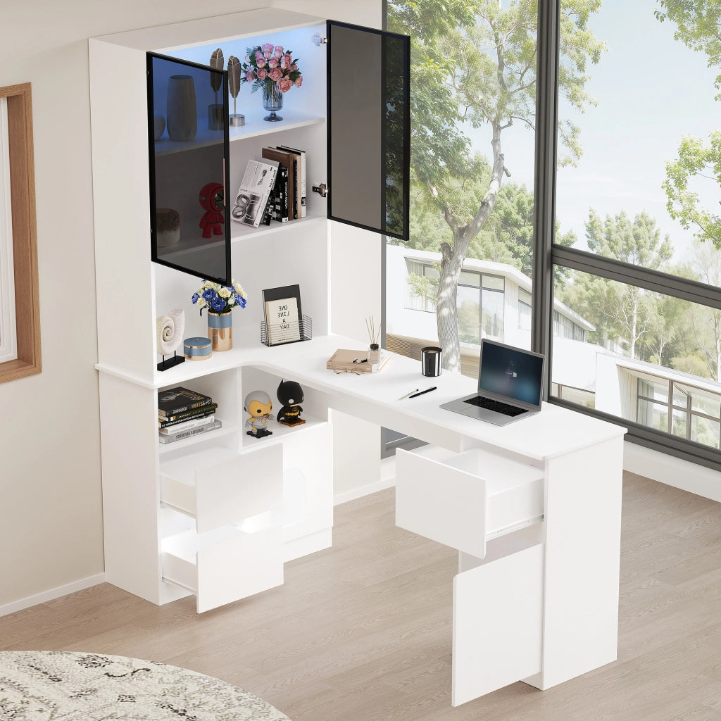 Scrivania angolare a sinistra, con ripiani, illuminazione a LED, 3 cassetti, zona relax per animali domestici, bianca e grigio