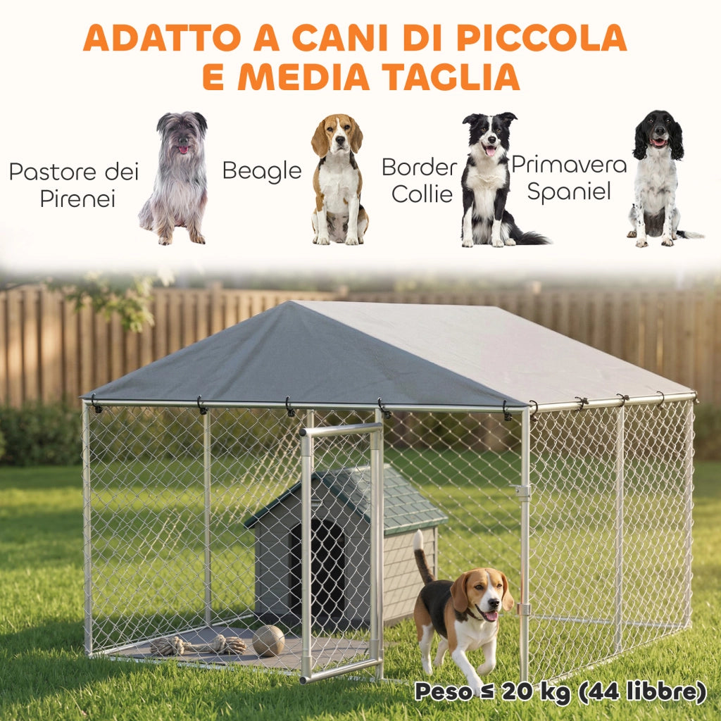Recinto per Cani da Esterno ¨C Xylo ¨C Acciaio Zincato con Tetto PE Impermeabile Anti-UV Argento