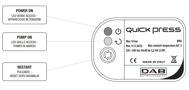 Quick Press Presscontrol 0n/off con riarmo automatico 1,5 BAR (senza cavi) per Autoclavi Dab