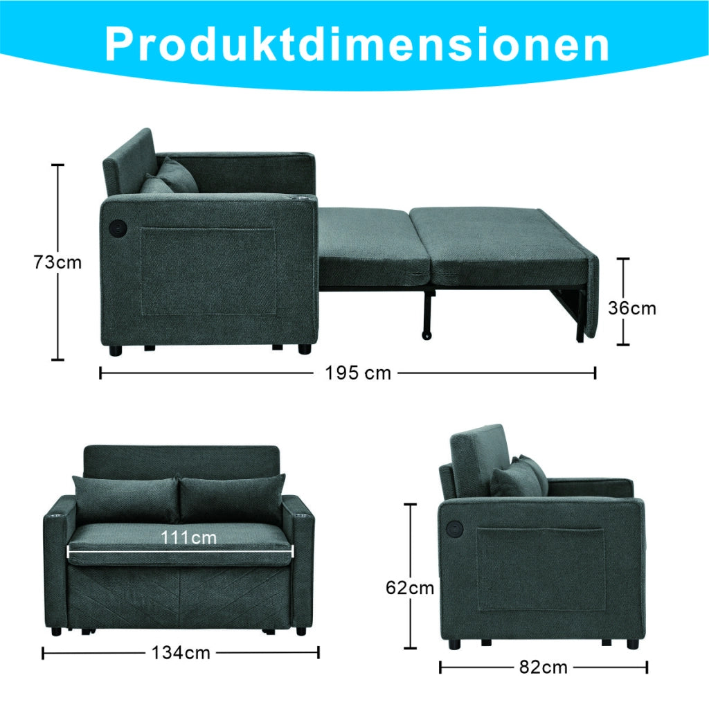 Divano Letto 2 Posti con USB ¨C Xylo ¨C Grigio Scuro