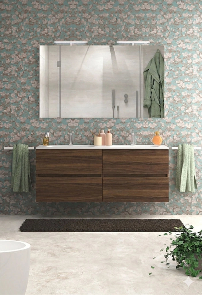 Mobile da Bagno Sospeso con Lavabo 120cm 2 Vasche e Specchio Bali Light Double Noce Scuro