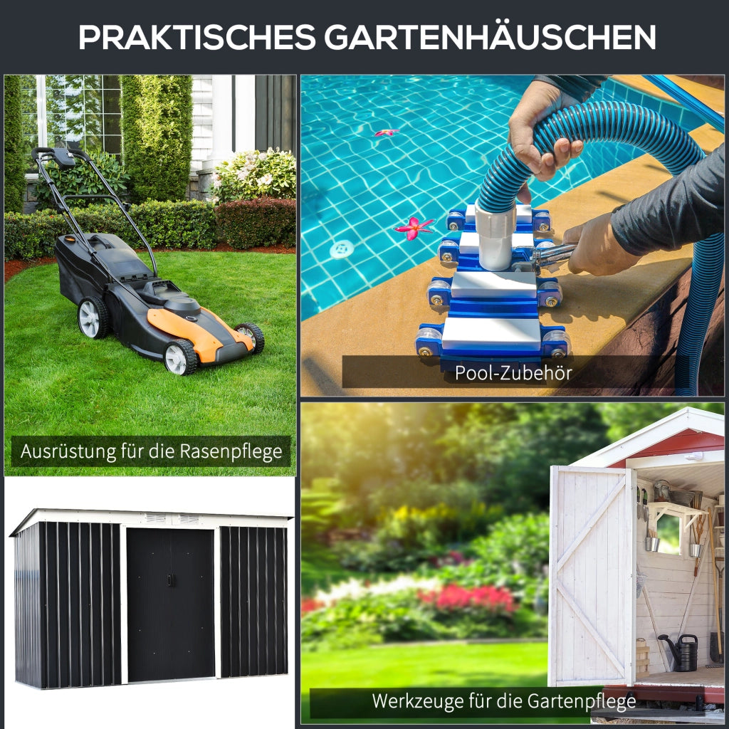 Capanno da giardino; capanno da giardino; capanno da giardino con porta scorrevole; finestra di ventilazione; tetto a pendenza monopendenza; esterno; acciaio; grigio scuro; 280 x 130 x 172 cm