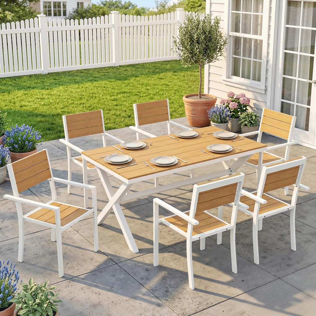 Set di mobili da giardino; set da sedere; tavolo in 7 pezzi con 6 sedie impilabili; aspetto legno; telaio in alluminio; teak