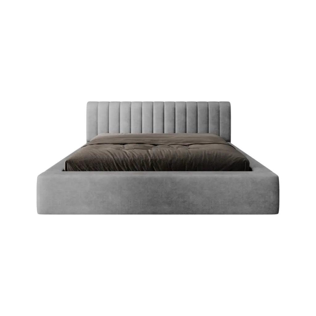 Lit coffre CERVIN – Velluto morbido Perla di cemento – 180x200 cm – Rete sollevabile – Design contemporaneo