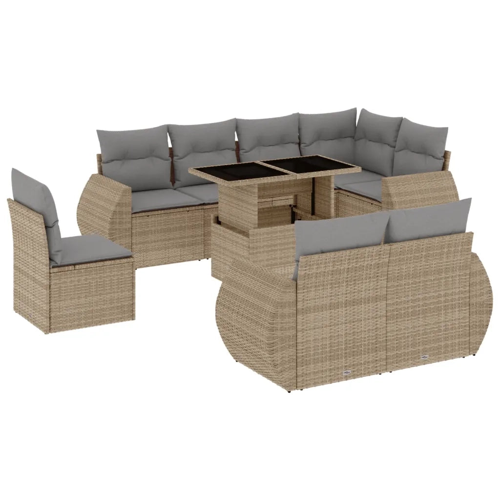 Set Divano da Giardino 9 pz con Cuscini Beige in Polyrattan