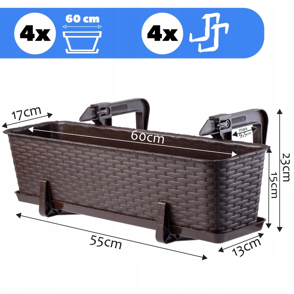 KADAX 4x Fioriere da balcone 60 cm in rattan con manici e supporto, colore marrone