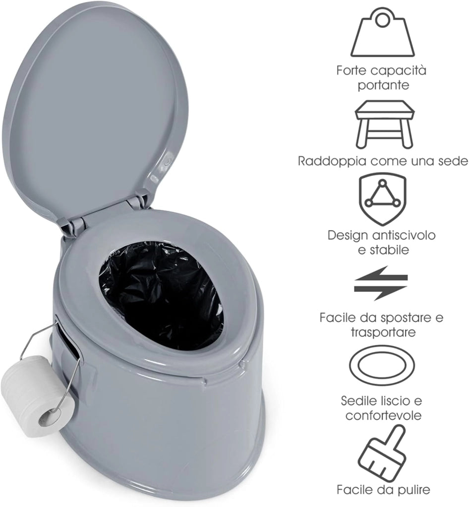 Toilette Portatile WC Chimico, WC da Viaggio Leggero con Secchio Interno Rimovibile,Water Portatile per Adulti e Anziani con Portarotolo, Supporto Carico 200 kg, 41 x 49 x 34 cm (Grigio)