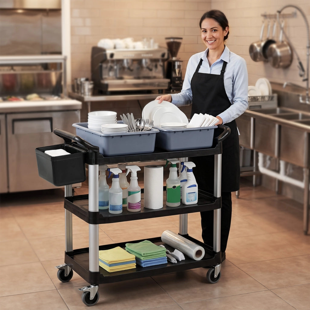 Carrello Pulizie Professionale 115x50x100 cm a 3 Ripiani con 2 Contenitori Rimovibili Bidone Laterale e 4 Ruote in PP