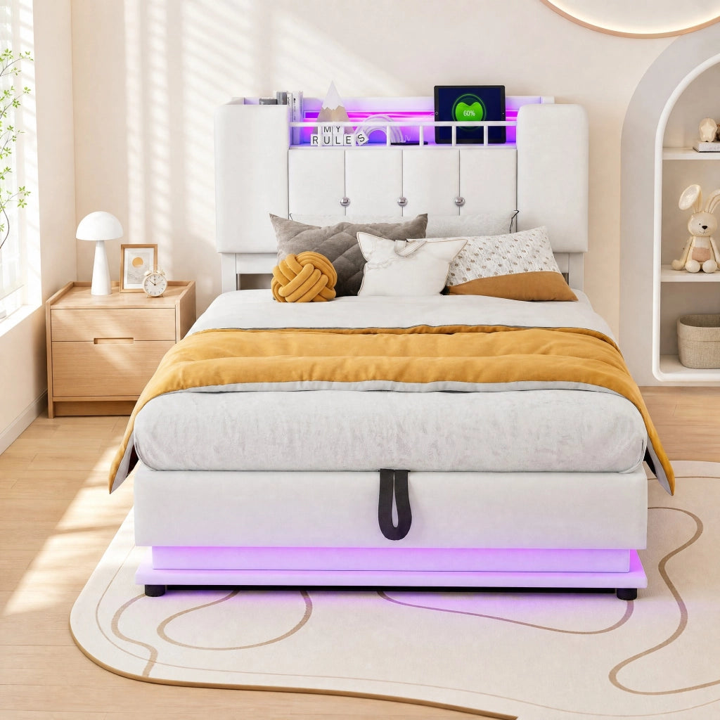 Letto imbottito per bambini 90 x 200 cm beige con LED, USB e contenitore
