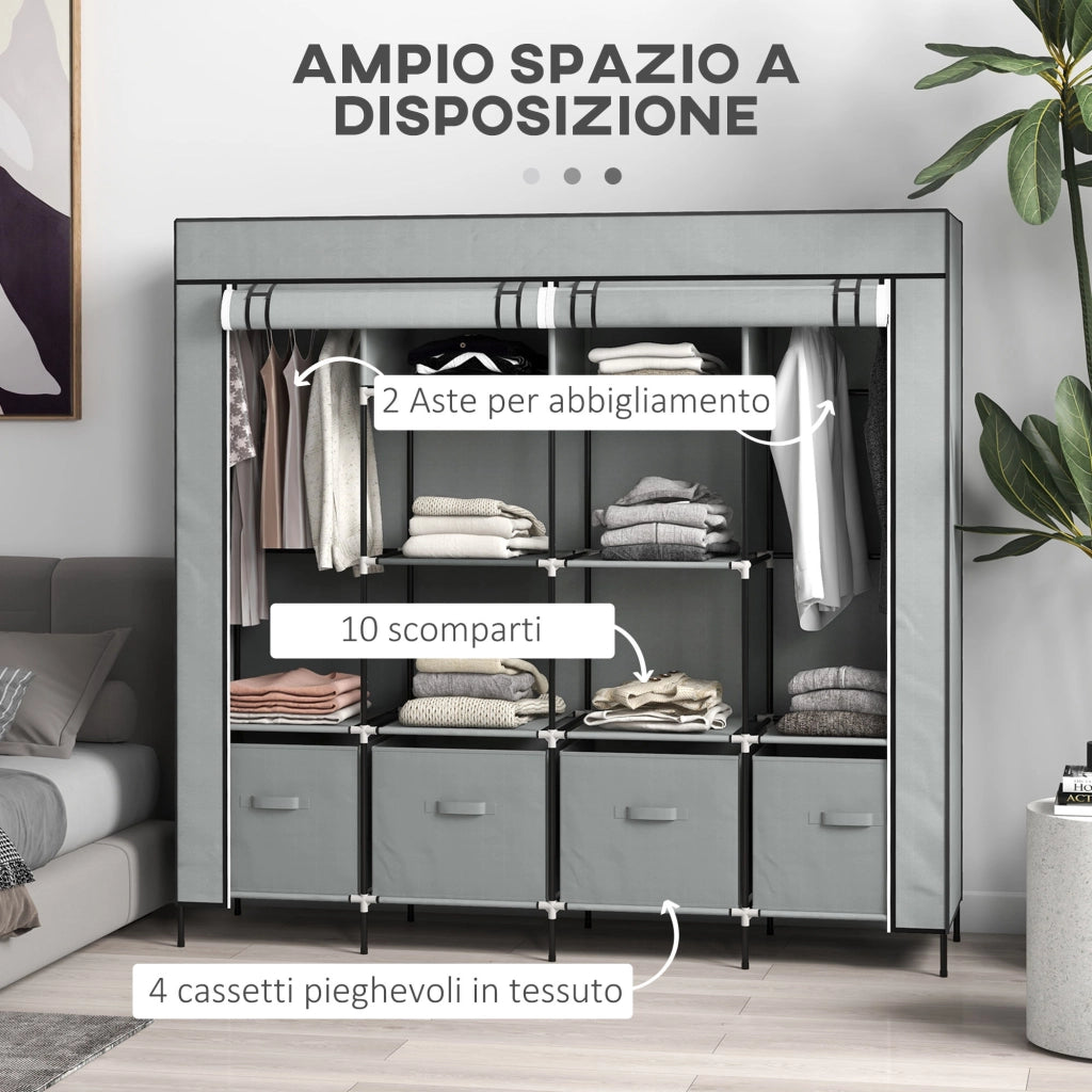 Armadio in Tessuto 10 Ripiani 4 Cassetti e Ante a Cerniera Grigio