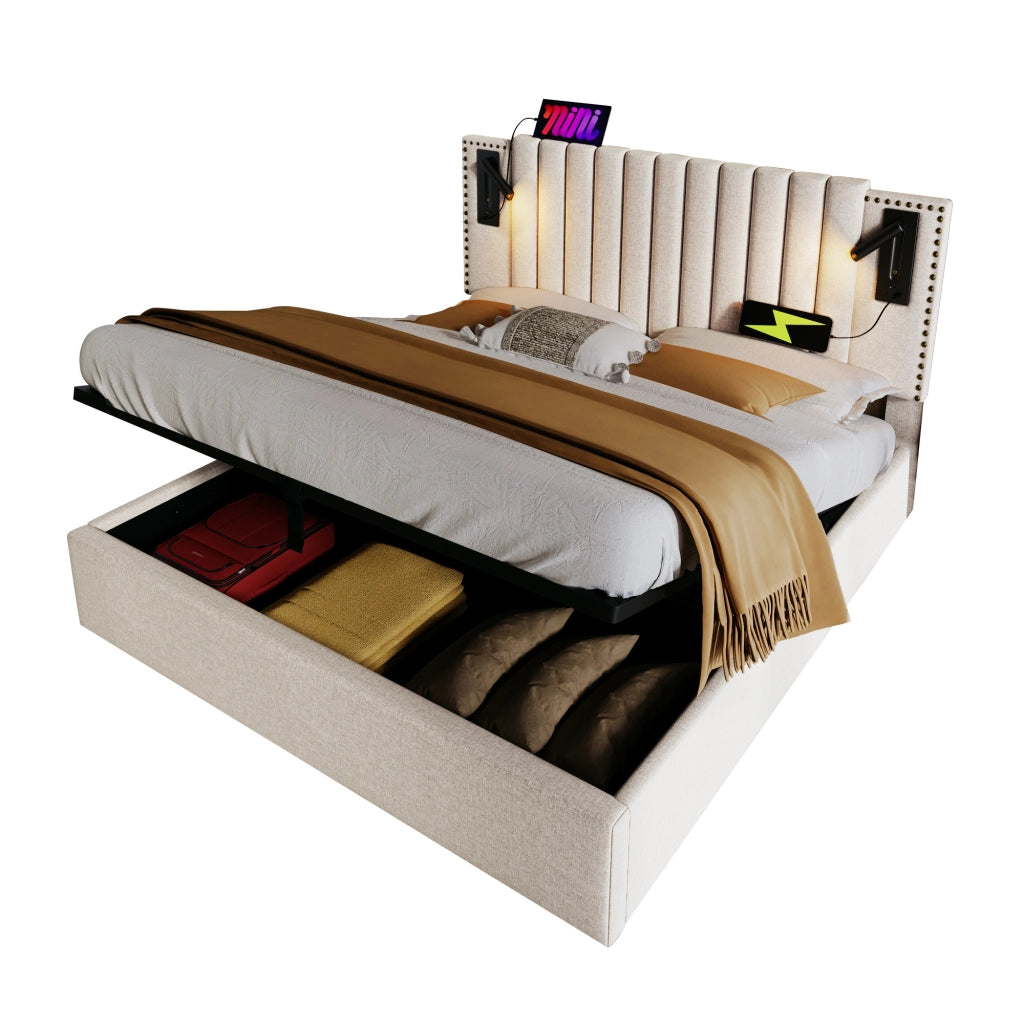 Letto matrimoniale – 140x200 cm – luce USB borchie rete – cotone beige