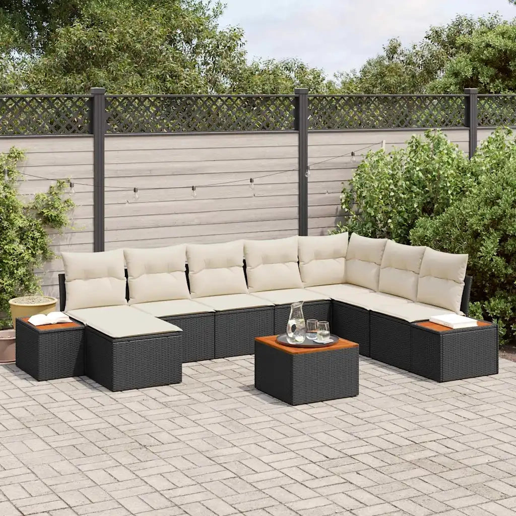 Set Divano da Giardino con cuscino 9 pcs Nero Poly Rattan