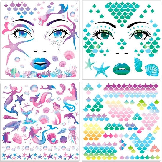 Disegni per il viso - 4 x Tattoo - Sticker zeemeerminnen - Halloween - Costume carnevale - Temporaneo