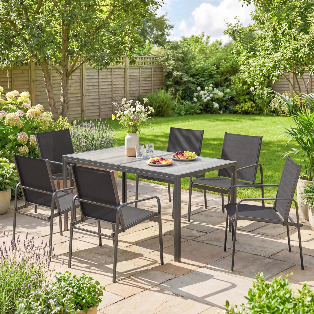 Set tavolo e sedie da giardino ¨C Xylo ¨C 150x80cm tavolo + 6 sedie effetto legno acciaio nero