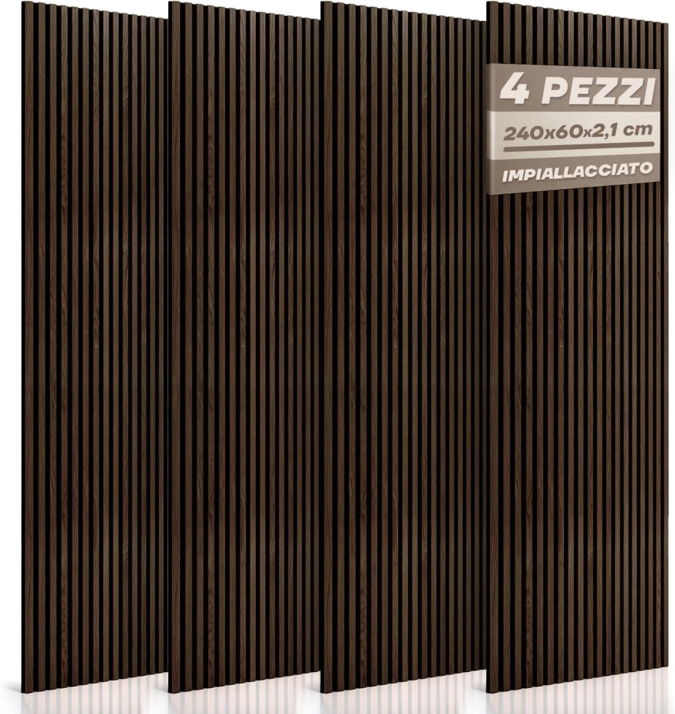 RMF PRO Set 4  Pannelli Decorativi Parete Legno Fonoassorbenti Fumo Scuro 240x60 cm (5,76 m²) – Rivestimento Acustico a Listelli MDF per Casa, Studio e Ufficio