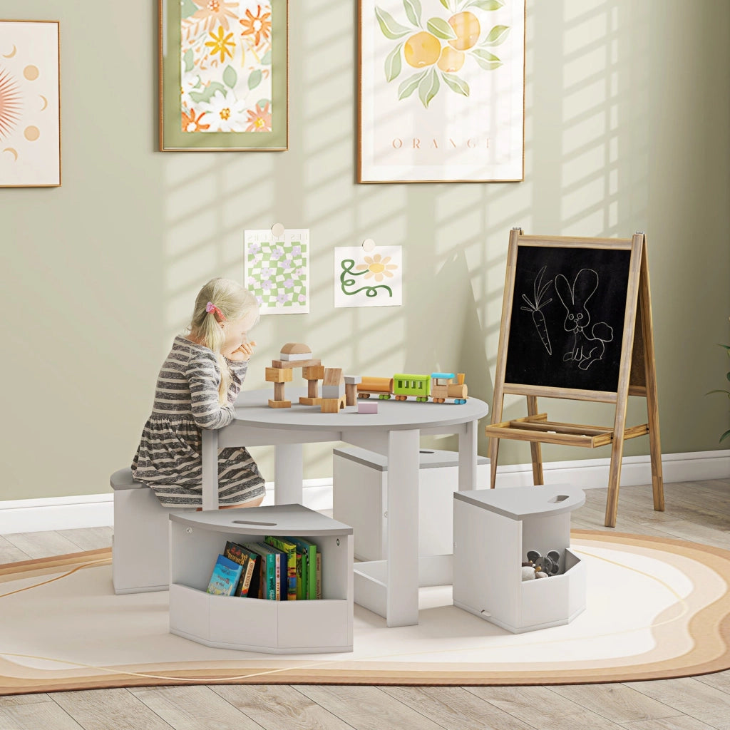 Set Tavolo con 4 Sgabelli Salvaspazio con Vano Contenitore in Legno Grigio
