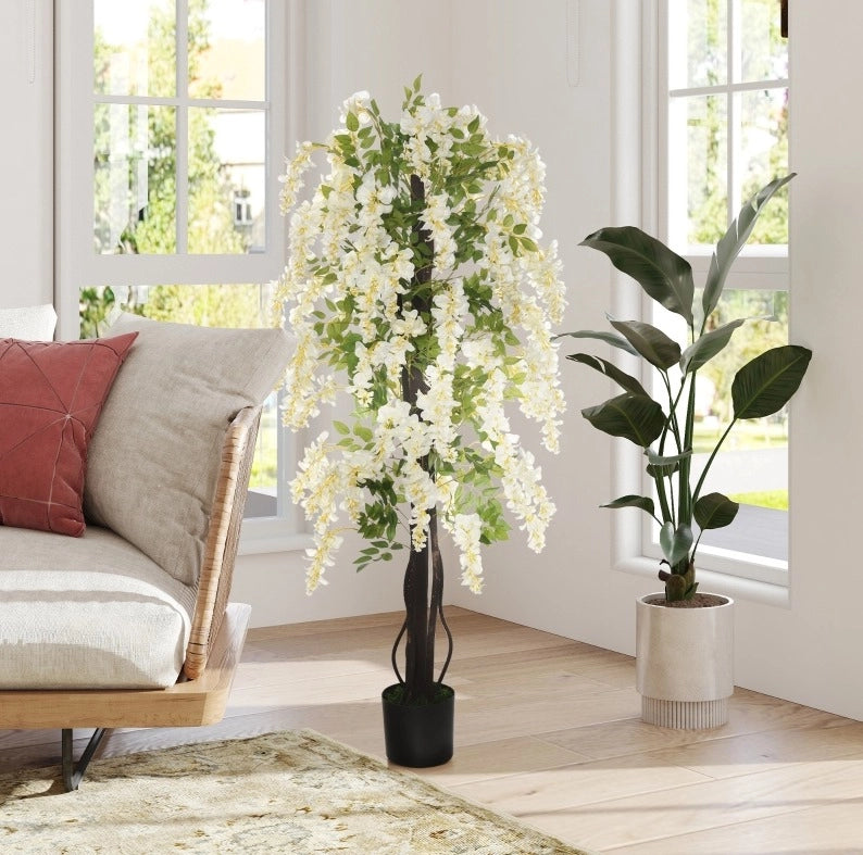 Plante Artificiale Glycine Bianca 165 cm in Plastica con Vaso, Interno Esterno