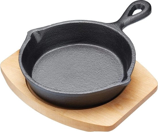 Piastra da cottura Master Class, diametro 13 cm, gusci di ghisa, mini, con tavola di servizio in legno di noce