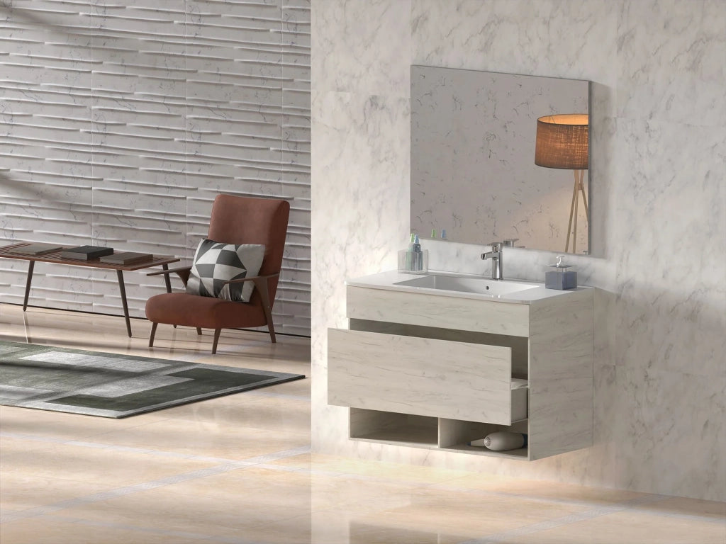 Mobile Bagno NEBARI Già Montato 1 cassetto, lavabo e specchio Grafite 100x40 cm