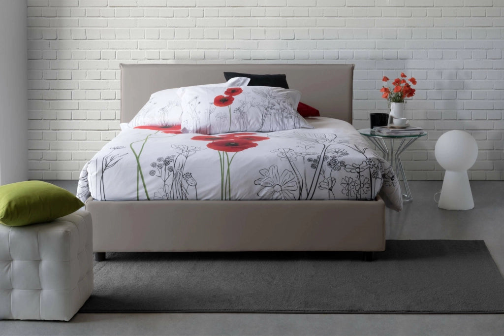 Letto matrimoniale Aros, Letto contenitore con rivestimento in tessuto, Made in Italy, Apertura frontale, con materasso cm 140x200 incluso, Tortora